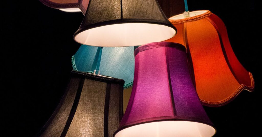 A bold display of colorful lampshades creating an artistic light fixture indoors.